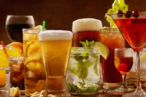 a group of drinks on a table