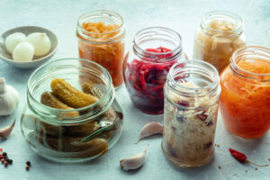 jars of pickles and vegetables