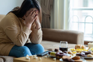 a woman sitting on a couch with her hands in her face