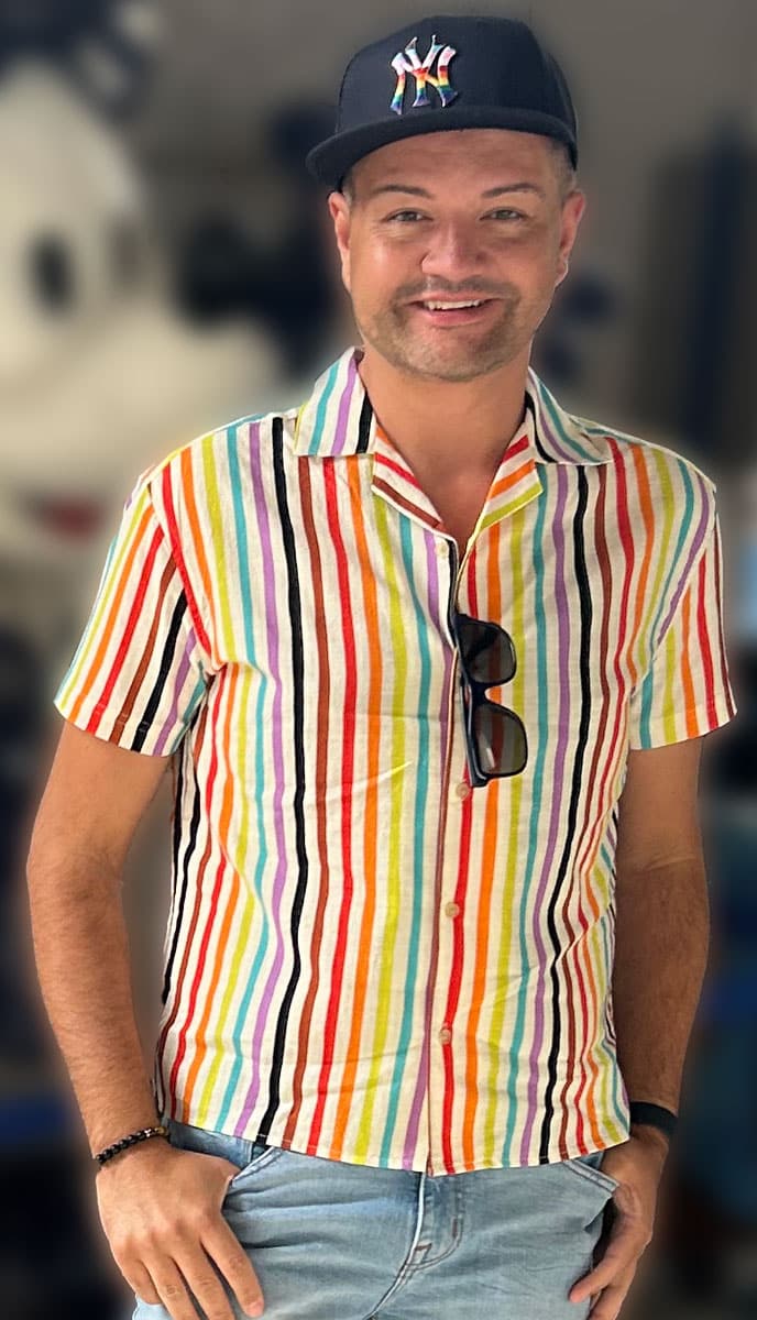 a man wearing a colorful shirt